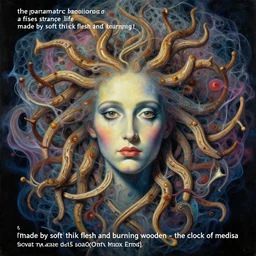 a surreal painting titled'the parametric decisions of a fishes strange life made by soft thick flesh and burning wooden stick constructions - the clock of medusa'by salvador dali and max ernst, dramatic lighting, organic, hyperdetailed, vibrant, psychedelic, intricate fractal strands of gossamer quantum soup