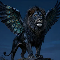 black lion with peacock wings, night sky, by aaron blaise, by james gurney, by michael whelan, epic, fantasy illustration, intricate, hyper detailed, concept art, smooth, sharp focus, vibrant, photo realistic, digital painting