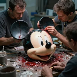 workers in workshop repairing bloody | mickey mouse head |, made by beeple, cgsociety, artgerm, greg rutkowski, highly detailed intricate 8 k art, low light cinematic, 2 4 mm lens, upper view close distance