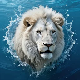 a male anthro muscular albino lion's face breaching through a wall of water, headshot, water sprites, splashing, deep blue ocean, highly detailed, realistic digital art, trending on artstation