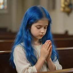 portrait painting ofa 1 7 - year - old girl, delicate and pretty, small, with long blue hair, was praying in church aunreal render cinematic lighting art 1 9 2 0 period drama by bussiere rutkowski andreas rocha