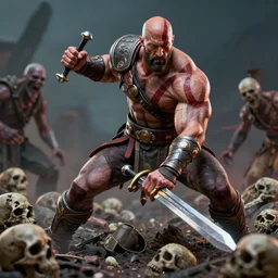 a highly detailed beautiful 3 5 mm closeup photo of dwayne johnson kratos hybrid god of war holding a sword and fighting zombies on a pile of human skulls, spartan warrior, olympian god, muscular!, frank frazetta, boris vallejo, action pose, ambient lighting, volumetric lighting, octane, fantasy