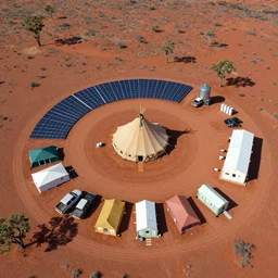 aerial drone photograph of a small circularly planned campsite on the transition of the australian red desert with pickup trucks, large solar array, large circular teepee tent in the center, water silo, 2 4 diversely coloured and shaped tents, shower facilities and prefab medical center