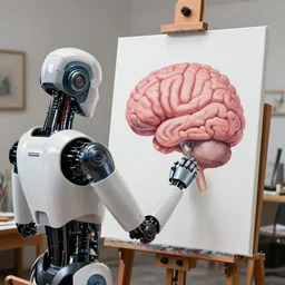 photorealistic illustration of an android painting a picture of a human brain on a canvas in an artist studio