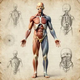 A concept of a detailed and intricate design of a full body of human anatomy, 3d design, great finesse organic hyper detailed, engineering blueprints, technical drawings, calculus, stained paper, hyperrealistic, ultra detailed, 4K, octane render, unreal engine