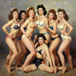 1940s group of pinup bikini girls wrestling, oil painting, by Gil Elvgren