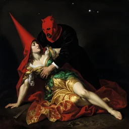 trials of the scarlet woman by caravaggio adolf wolfli beksinski jan van eyck william blake, hardship, prone woman, torturer, agony, sky with stars, black void, ecstatic visions, conical red hood, red gold emerald