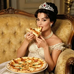 photo of sophia loren, young, relaxed pose, antique luxury sofa, holding pizza, eating pizza, sharing pizza, intricate ornamented tiara, opulent pearl necklace, laced dress, golden lighting, sharp focus, masterpiece, extremely coherent, by eolo perfido