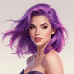 a stunning upper body portrait of a beautiful woman with purple pink hair blowing in the wind by marvel comics, digital art, trending on artstation