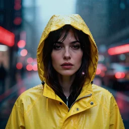 A hyper realistic and detailed portrait head photography of a woman wearing a futuristic yellow raincoat with hoodie on a rainy day. by annie leibovitz. Neo noir style. Cyberpunk city. High quality. Cinematic. Extreme Swirly bokeh. Red neon lights and glow in the background. Cinestill 800T film. Lens flare.