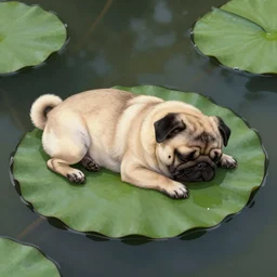 adorable pug sleeping on a lily pad leaf grown in a pond in a dark forest, detailed illustration in dotted, black and white, in the style of gustave dore's dante's inferno.