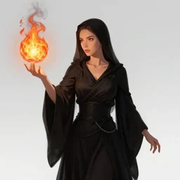 Who : a sorceress with black clothed casting a fire ball; Physical : Beverly Paige body ; IMPORTANT : Hearthstone official splash art, Heartstone original art style, award winning