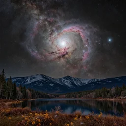 a beautiful double exposure of a nebula deep field astrophotography image by hubble in the sky, and a night time landscape with mountains, forests and a still lake, with reflections, snow, lpoty, award winning, apod, low noise, detailed, sharp, wide angle