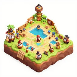 isometric chubby 3 d game level, based on pirate kings, with detailed, clean, cartoon, octane render, unreal engine, artgerm, artstation