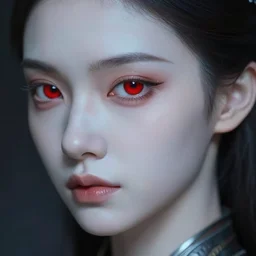a portrait of a beautiful lady, pale skin, red eye, scifi!, 3 5 mm, photorealistic, photography, depth of field, detailed, high definition