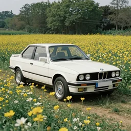 a white bmw e30 parked in a flower field, wes anderson film