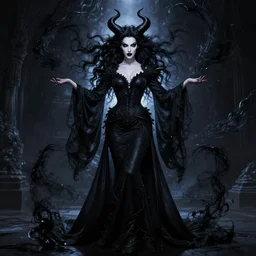 style of mike mignola, artgerm : : gorgeous willa holland : : evil witch, swirling black magic, black dress : : symmetrical face, symmetrical eyes : : full body pose : : gorgeous black hair : : magic lighting, low spacial lighting : :