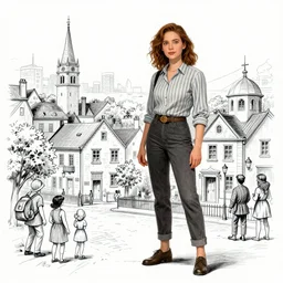 Giant Alyson Hannigan stands next to a town, surrounded by people, ink pen sketch, trending on ArtStation, Gulliver's Travels