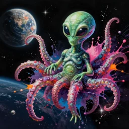 space alien with tentacles floating in space. planet in the background by josan gonzalez splash art graphic design color splash high contrasting art, fantasy, highly detailed, art by greg rutkowski