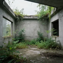 an abandoned room in a concrete building, overgrown plants, dreamy, overcast, by hans bellmer