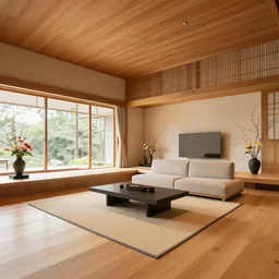 full interior view photo of modern fully furnished japanese living room in a luxurious wooden cottage, japanese flower arrangements, ultra realistic, architecture photography by alvar aalto, telephoto lens, canon rf 8 0 0 mm f / 5. 6 l