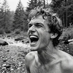 1 9 6 0 s movie still close up of skinny marcus aurelius screaming frozen to death in a river with gravel, pine forests, cinestill 8 0 0 t 3 5 mm b & w, high quality, heavy grain, high detail, texture, dramatic light, anamorphic, hyperrealistic, detailed hair foggy