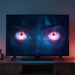 a tv on a table displaying a pair of glowing eyes, digital art