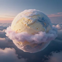 Ice-cream covered planet with mountains made of cotton candy in clouds on the background, science-fiction, cinematic lighting, cinematic angle, Guillem H. Pongiluppi, Sviatoslav Gerasimchuk, Federico Pelat, dusk