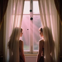 over the shoulder photography of two female models behind white curtains in old victorian room, dramatic light, cinestill, flying black marble balls, filmstill, bokeh, long exposure, god rays, magic hour, pink light, warm colors