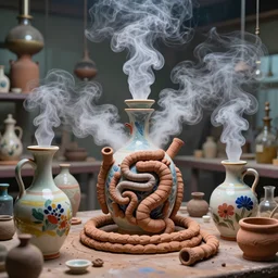 an alchemical laboratory of vapour voices made from ceramic vessels, air flow, clay, no humans, vapour, larunx, oesophagus, clay pipes, 8 k, unreal, high resolution, vivid colours,