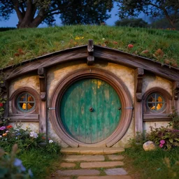 realistic macro photo of architexture of hobbiton house with highly intricate door, small garden, evening, highly detailed matte painting, by stanley artgerm lau, greg rutkowski, thomas kinkade, alphonse mucha, loish, norman rockwell, artstation