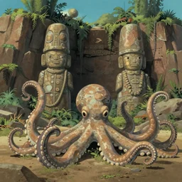 hyperrealist studio ghibli dull colors portrait from close encounters of the third kind 1 9 7 7 of two huge stone octopus statues swaying in a desert cliff jungle valley