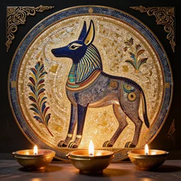 mosaic, 8 k, diya lamp, insanely detailed and intricate, hypermaximalist, elegant, ornate, hyper realistic, super detailed, the egyptian god anubis