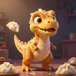 a wonton rapper raptor, food dinosaur, dinosaur made of food, painting by pixar, dreamworks, cg, cartoon character