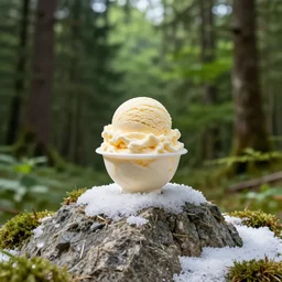 A mountain with ice cream on its top in a beautiful forest, professional photography