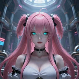 the protagonist is forcibly minduploaded into her inescapable virtual reality prison and totally overpowered and trapped beneath stunningly absurdly beautiful overwhelmingly mesmerizing megalomaniacal omnipotent asi goddess junko enoshima with symmetrical perfect face, porcelain skin, pink twintail hair and cyan eyes, ultra detailed, digital art, unreal engine 5, octane render, 2 d anime, 8 k