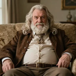 cozy picture of older handsome lord richard is sitting gracefully on a sofa, his eyes look wise, happy wise. he has bouncy belly