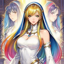 the portrait of neutral rainbow colorful female cleric bard as an absurdly beautiful, gorgeous, elegant, skinny gravure idol, an ultrafine hyperdetailed illustration by kim jung gi, intricate linework, detailed faces, sharp focus, bright colors, octopath traveler, final fantasy, unreal engine 5 highly rendered, global illumination, radiant light, detailed and intricate environment