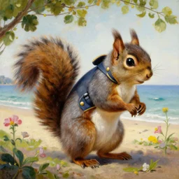 a giant fluffy squirrel carrying napoleon bonaparte on its back, beach scene with flowers and foliage, detailed oil painting