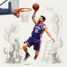 Messi dunking a basketball, NBA, D&D style, fantasy, intricate, elegant, highly detailed, digital painting, artstation, concept art, matte, sharp focus, illustration, art by Artgerm and Greg Rutkowski and Alphonse Mucha