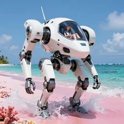 nasa military stealth bipedal mech walker made of white plastic and metal mechanical parts, shaped like a kow yokoyama mecha, with female pilot relaxed inside the cockpit of the mech, on an exotic pink coral beach shore of laamu atoll maldives, emerging above the water, water crashing waves, water dripping off, cinematic camera, by Roger Dean and Dan McPharlin, hyperdetailed, vray render, octane render,
