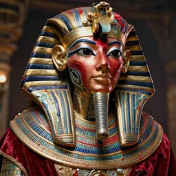 highly detailed and decorated beautiful egyptian god, all dressed in metalic parts and expensive fabric, beautiful face and eyes, robotic mask on his face, red velvet fabric made of paint, cel shaded, cinematic shot, trending on artstation, color fluid oil paint and acrylic paint, melting wax, by tom bagshaw and jama jurabaev and beep