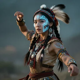 a beautiful portrait of a native american woman with futuristic cybernetic glowing war face paint, dynamic pose, sci - fi, cyberpunk by ruan jia, jules bastien - lepage, 8 k