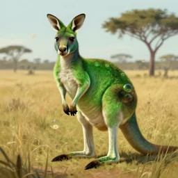 digital painting of a green fur kangaroo in the savannah, by moebius, super detailed, intricate, volumetric light, mandelbulb, artstation trending