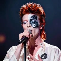 singing david bowie as a cosmic daoist with yin - yang symbol painted on face one side white one side black no extra lines