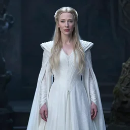 Cate Blanchett as Galadriel, dressed in a beautiful white dress, cinematic lighting, magical atmosphere, character concept art by Craig Wylie, Marc Simonetti