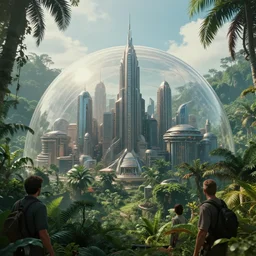 movie still frame, futuristic city in a dome in a jungle, beautiful composition, 8 k, cgi, by ridley scott, james cameron, zack snyder and michael bay