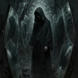 dark fantasy painting of disturbing hooded male figure standing in the mirror, many mirrors, haunting, haunted, sad