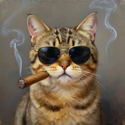 oil painting of a badass cat with sunglasses smoking a cigar