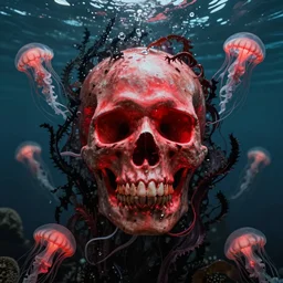 a glowing red skull in the sea enveloped by jellyfish tendrils and black seaweed by josan gonzalez and dan mumford and laurie greasley and harry clarke, highly detailed, high contrast